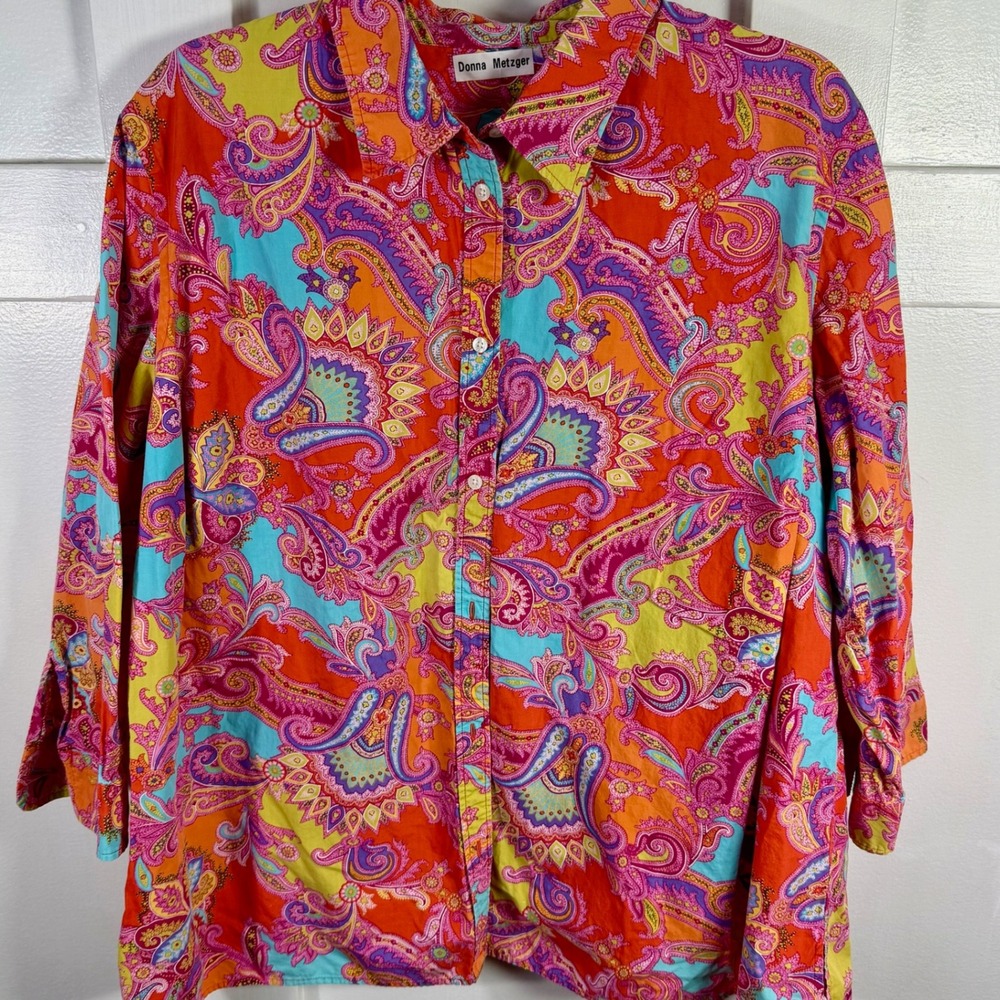 Donna Metzger Paisley Print Button Down‎ Shirt Women 3/4 Sleeve Orange Blue Pink